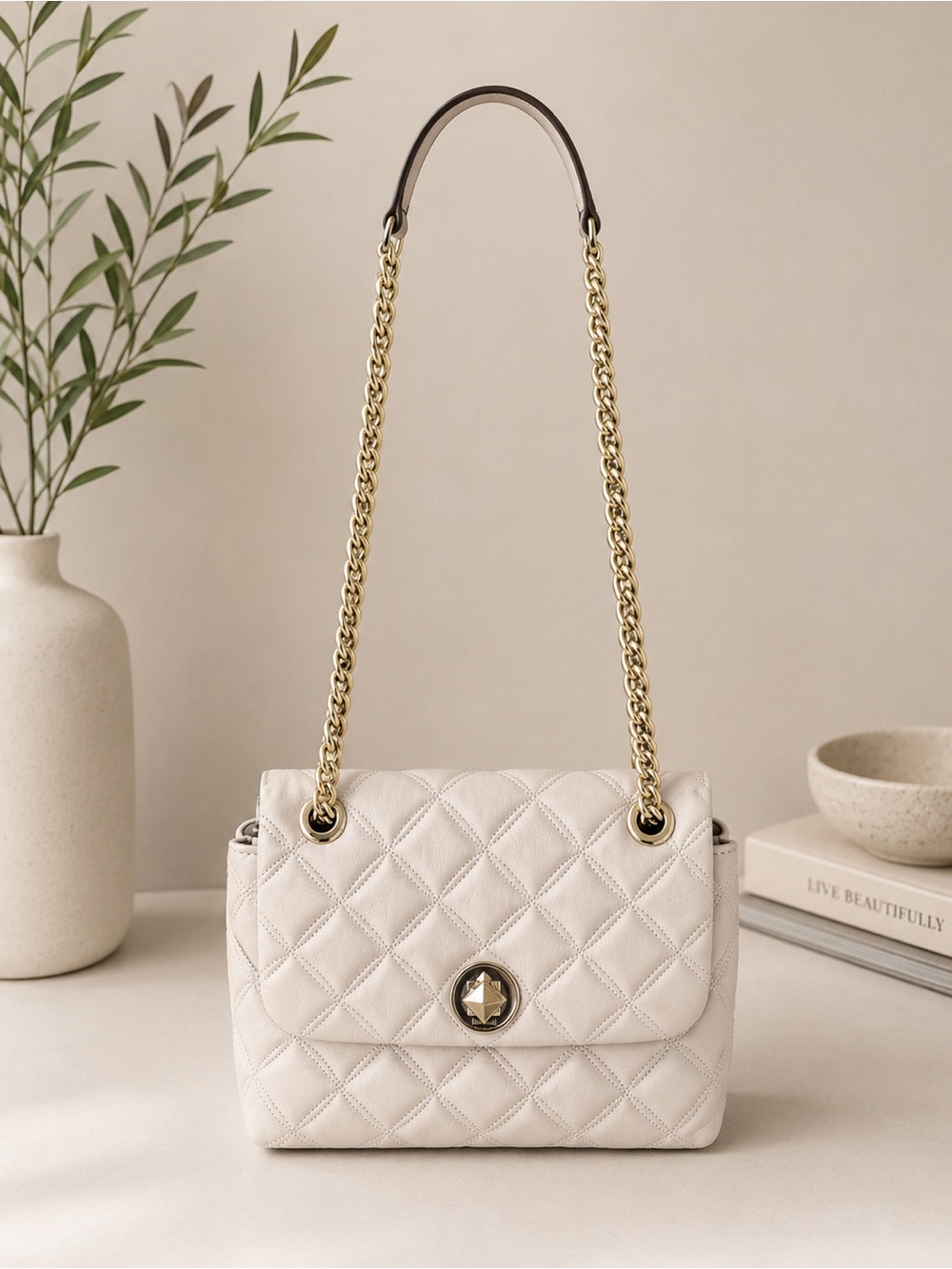 kate spade Quilted White Shoulder Bag with Gold Chain Strap